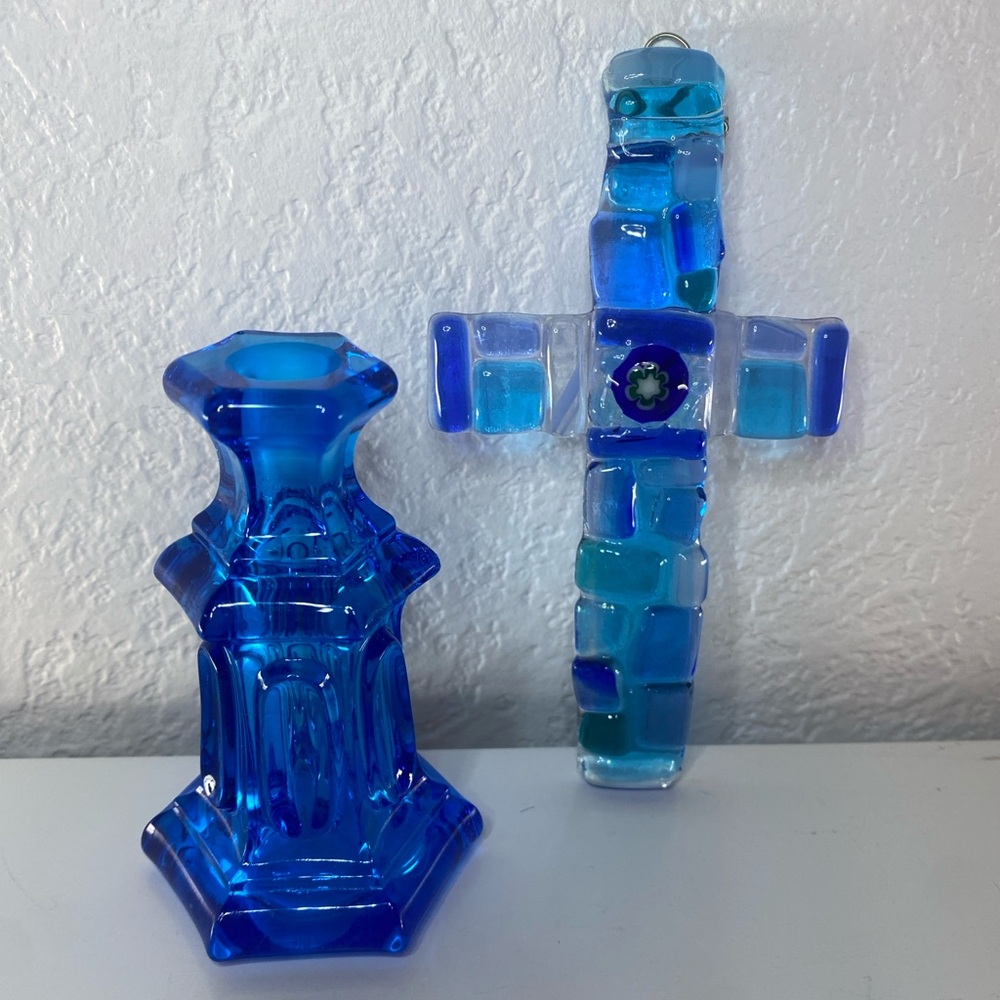 Cobalt Blue Glass Lot Candle Taper Holder & Fused Mosaic Cross Wall Art 2-Piece